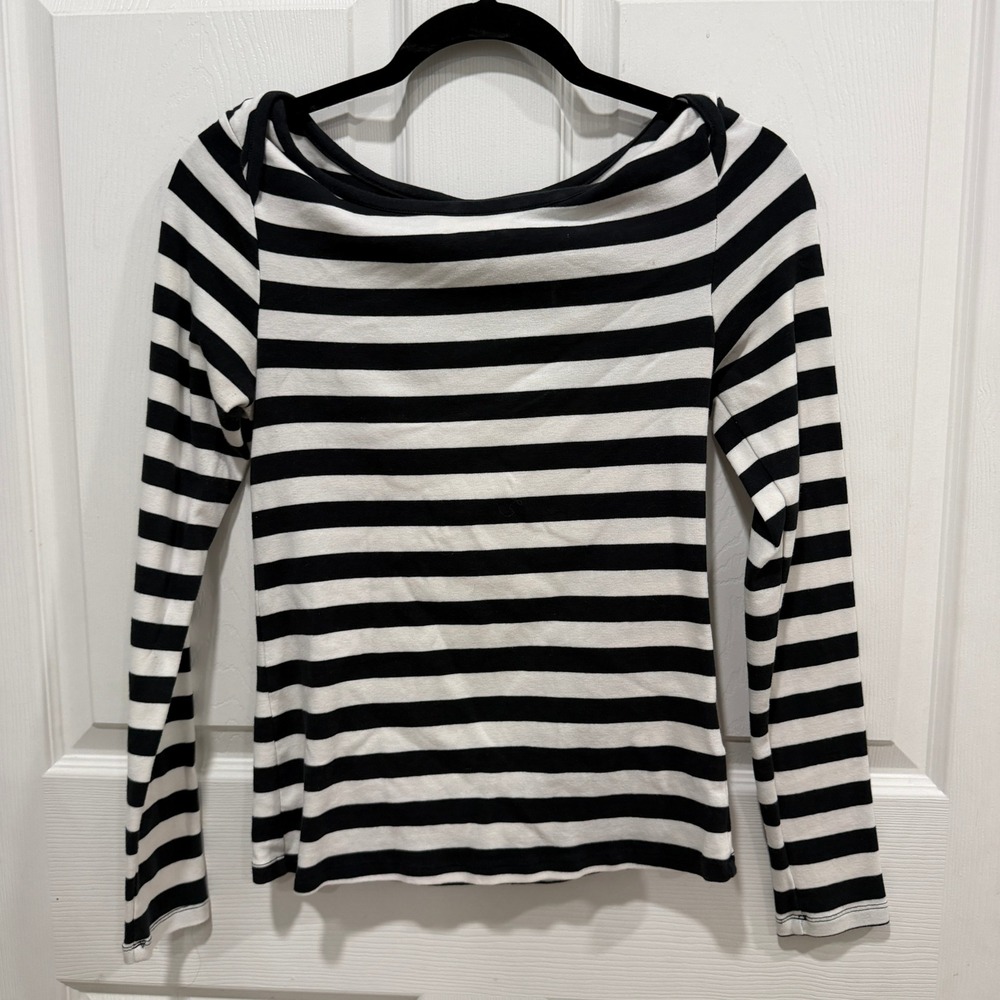 Maeve Anthropologie Womens Small Black White Striped Boat Neck Long Sleeve Top
